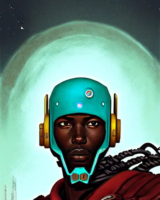 Image similar to sojourn from overwatch, african canadian, gray dread locks, teal silver red, character portrait, portrait, close up, concept art, intricate details, highly detailed, vintage sci - fi poster, retro future, vintage sci - fi art, in the style of chris foss, rodger dean, moebius, michael whelan, and gustave dore
