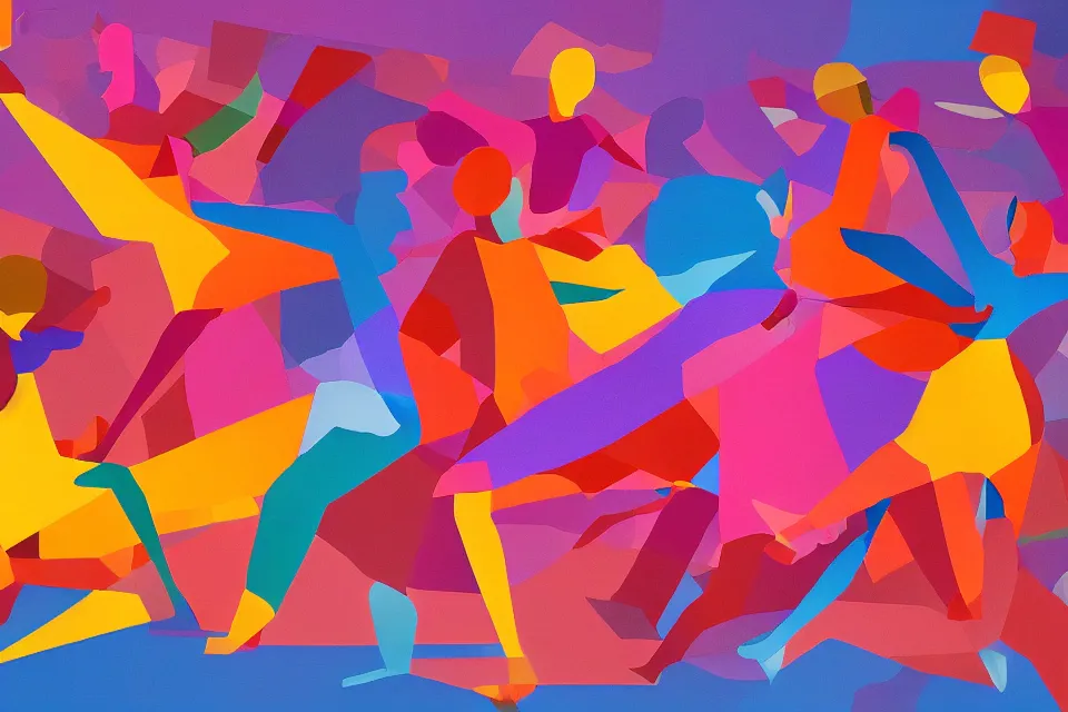 Image similar to a colorful, computer generated, abstract geometric intriguing render, abstract human figures dancing, autumnal colors