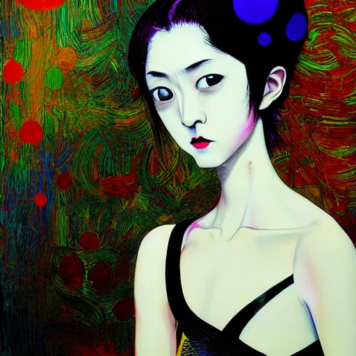 Image similar to yoshitaka amano blurred and dreamy realistic three quarter angle portrait of a young woman with black lipstick and black eyes wearing dress suit with tie, junji ito abstract patterns in the background, satoshi kon anime, noisy film grain effect, highly detailed, renaissance oil painting, weird portrait angle, blurred lost edges