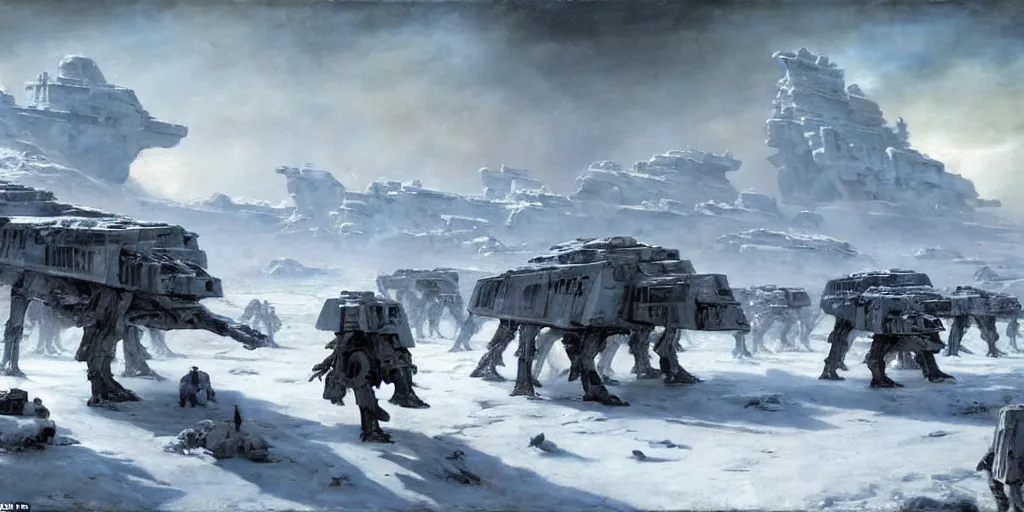 Image similar to the battle of hoth, rebel soldiers fighting enormous at - at walkers painted by jan matejko. oil on canvas, sharp focus, cinematic atmosphere, detailed and intricate, perfect anatomy, detailed and intricate environment and characters