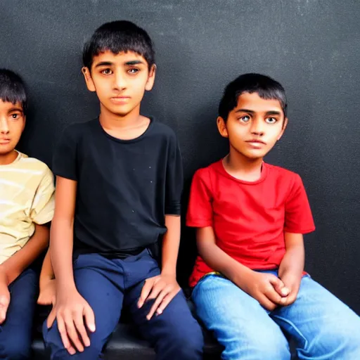 Prompt: one girl and three boys sitting together, they are siblings, black background, 8 0 mp photography, all are visible