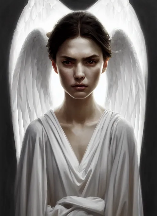 Image similar to portrait of angel in white robes. realistic shaded lighting poster by greg rutkowski, artgerm, jeremy lipkin and michael garmash, rob rey and kentaro miura style, trending on art statio. highly detailed, symmetrical face.