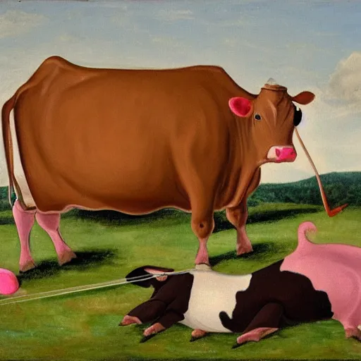 Image similar to painting of a big fat cow with a long curved neck. it's neck has a bell attached with a pink ribbon. it's fore udder lay on the ground as the cow is in sit position. the cow is playing violin with it's front legs. the scene is in a medieval styled field with three peasants spitting on the cow's face.
