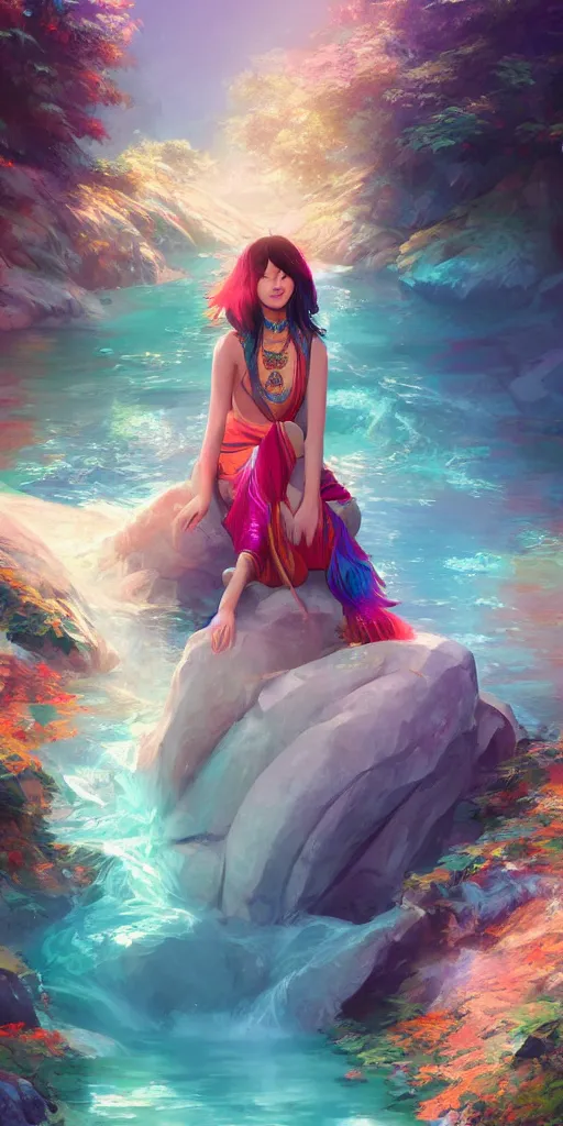 Prompt: a himalayan woman sitting in water, ritual, mage, beautiful gown, vibrant colors, somber, by Makoto Shinkai and Wojtek Fus, by sakimichan, rossdraws, by artgerm