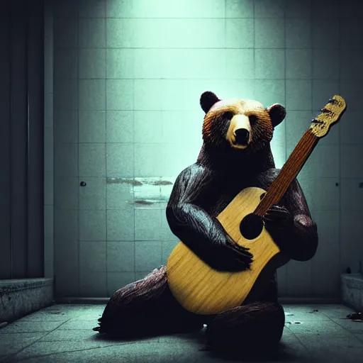 Image similar to realistic bear holding a (wooden triangle + guitar neck + sound hole ) and playing it like a guitar in an abandoned and desecrated hallway in a cyberpunk lab, ultra realistic, concept art, intricate details, eerie, highly detailed, photorealistic, octane render, 8k, unreal engine, art by Vita Wen