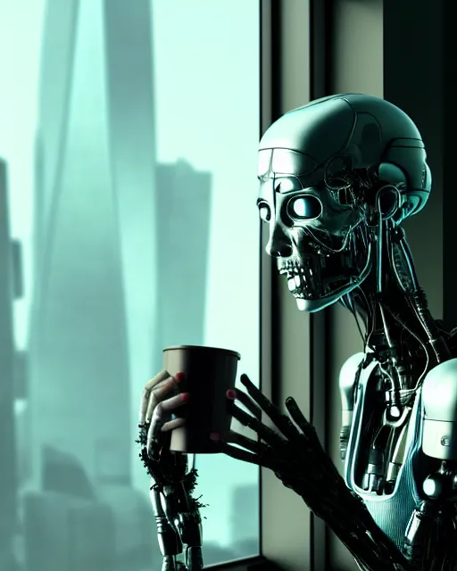 Image similar to a terminator cyborg lady with borg implants is drinking coffee near a window with dystopian city visible outside. tiny green led lights in her cybernetics. very detailed 8 k. horror cyberpunk style.