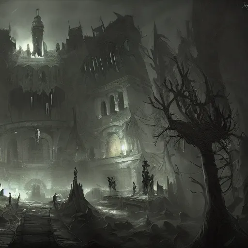 Image similar to A eerie, dark and mysterious, impressive, amazing concept art digital CG painting of a Necromancers lair, trending on ArtStation, Unreal Engine