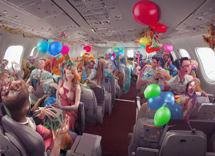 Prompt: boeing 737 cabin, many zombies, birthday party, party hats, string of balloons, one big birthday cake, realistic, insanely detailed, wide angle, Unreal 5 engine, trending on artstation, by Huang Guangjian and Gil Elvgren and Sachin Teng