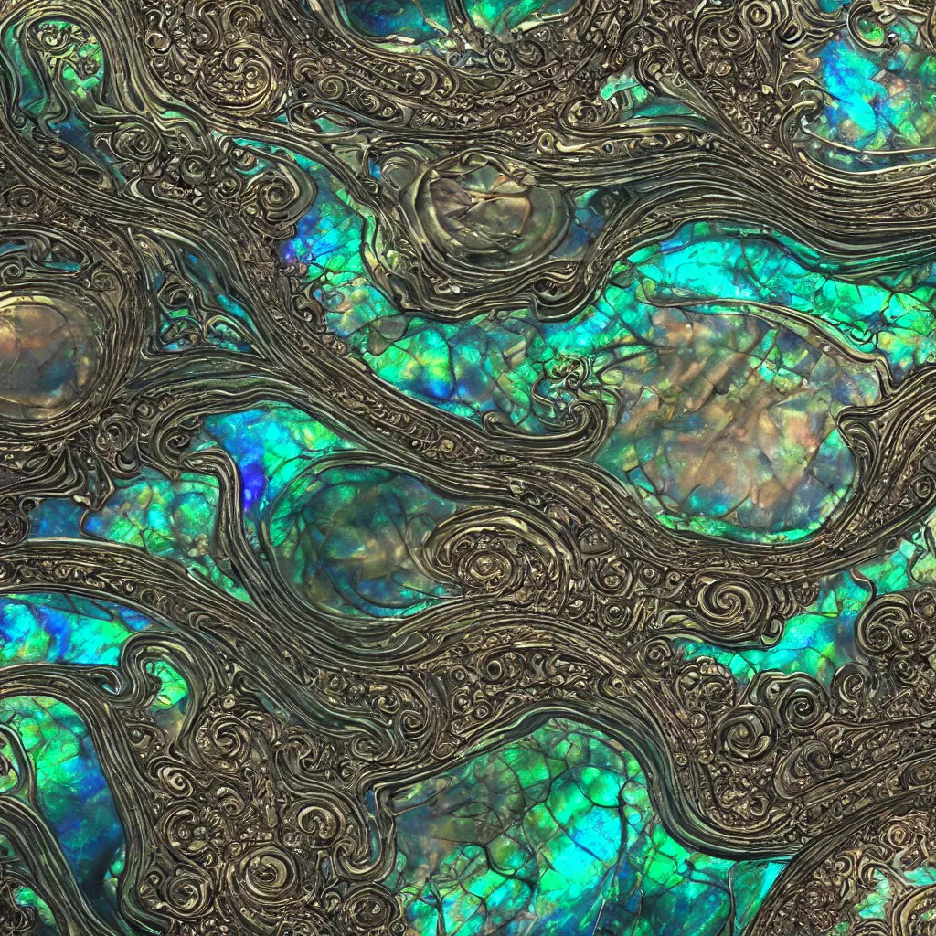 Image similar to Art Nouveau cresting oil slick waves, hyperdetailed bubbles in a shiny iridescent oil slick wave, black opal, abalone, paua shell, ornate copper patina medieval ornament, rococo, oganic rippling spirals, octane render, 8k 3D