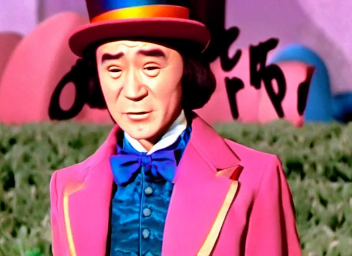 Image similar to film still of Takeshi 69 as Willy Wonka in Willy Wonka and the Chocolate Factory 1971