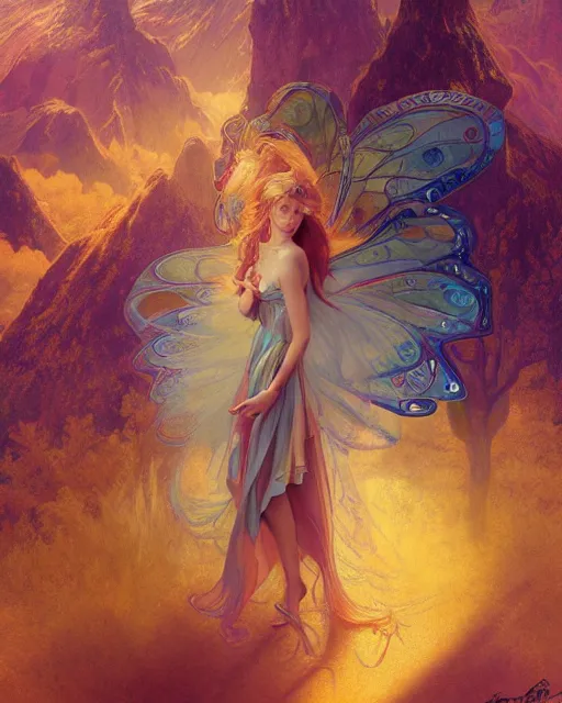 Image similar to the most wonderful fairy dream you ever had, coherent design, symmetry, concept art, trending on artstation vivid color, complementary color, golden ratio, detailed, sharp lines, intricate, rainbowshift, by james gurney, by brian froud, by peter mohrbacher, by alphonse mucha, by maxfield parrish, by karol bak, deviantart, octane render