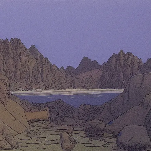 Prompt: A detailed matte painting of a landscape by Moebius