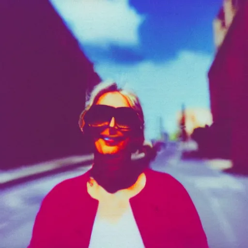 Image similar to colorful instant photograph of a woman in the middle of the street, polaroid, light leak, raw, nostalgic, daylight, blue sky, clouds