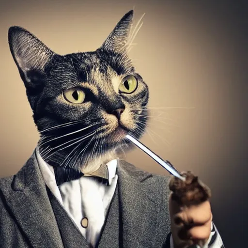 Image similar to cat wearing a suit smoking a cigar