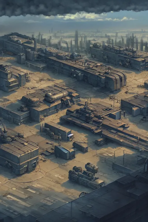 Image similar to a highly detailed matte painting of a post - apocalyptic dieselpunk military base aerial view, by studio ghibli, makoto shinkai, by artgerm, by wlop, by greg rutkowski, volumetric lighting, octane render, 4 k resolution, trending on artstation, masterpiece