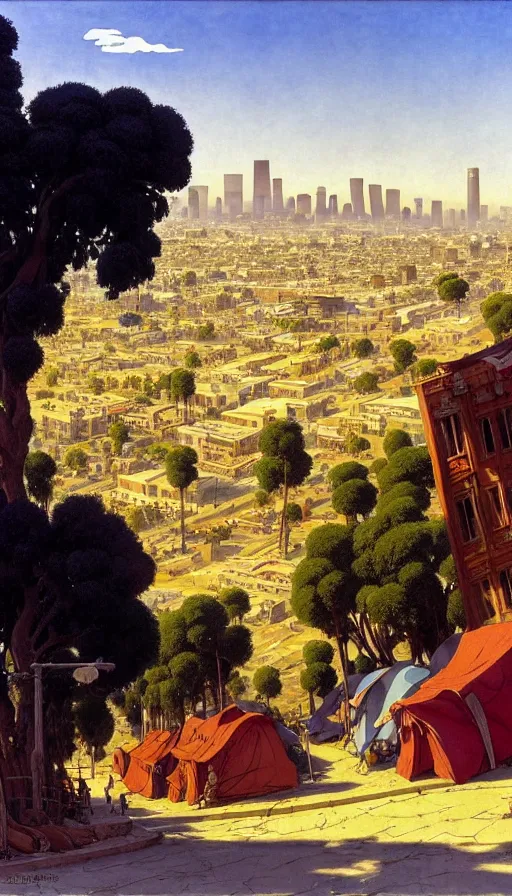 Prompt: ghibli illustrated background of strikingly beautiful skid row, los angeles, california, with strange city skyline is seen in the distance, tents, streets by vasily polenov, eugene von guerard, ivan shishkin, albert edelfelt, john singer sargent, albert bierstadt 4 k