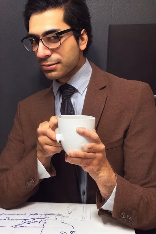 Image similar to a clean - shaven persian man drinking coffee from a paper cup at his work cubicle in front of a computer, by artgerm and yoshitaka amano, trending on artstation