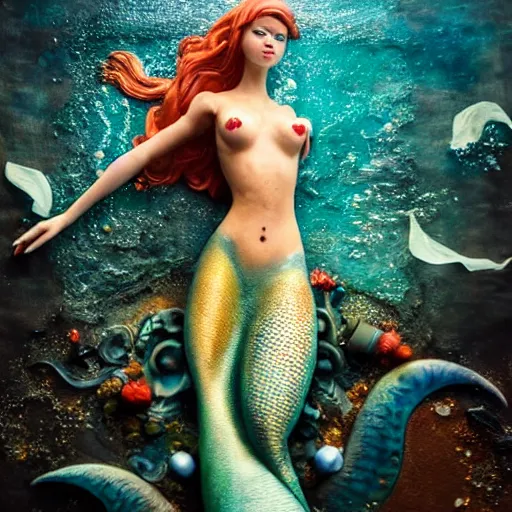 Image similar to full body pose, hyperrealistic mixed media painting of beautiful mermaid, dim volumetric lighting, 8 k, octane beautifully detailed render, extremely hyper detailed, intricate, epic composition, cinematic lighting, masterpiece, trending on artstation, very very detailed, masterpiece, stunning, hdr, smooth, sharp focus, high resolution, award, winning photo, dslr, 5 0 mm