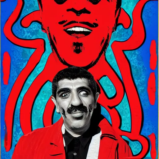 Image similar to omar souleyman in the style of daniel johnston and outsider art, 4k, overlaid with arabic letters