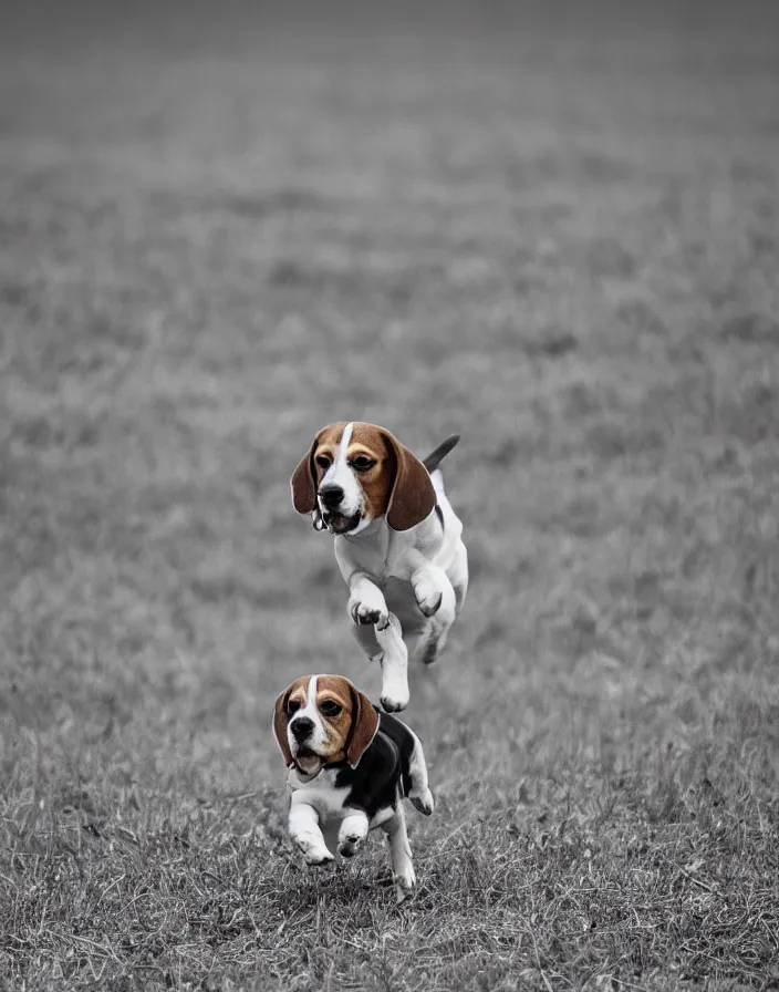 Image similar to a beagle running in a field, 8k, depth of field.