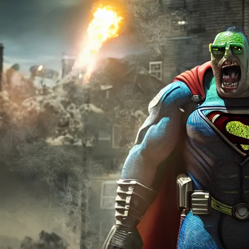 Image similar to pickle rick as superman! in gears of war, splash art, movie still, detailed face, photorealistic facial features, cinematic lighting, dramatic, octane render, long lens, shallow depth of field, bokeh, anamorphic lens flare, 8 k, hyper detailed, 3 5 mm film grain