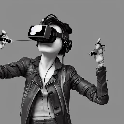 Image similar to rpg character concept art, modular synth musician patching cables, wires flying in the air, wearing a bespoke vr headset designed by demobaza, in the style of jamie hewlett hiroya oku riyoko ikeda, 3 d render, artstation trending, 8 k, octane render, photorealistic, sharp detail, manga, black and white