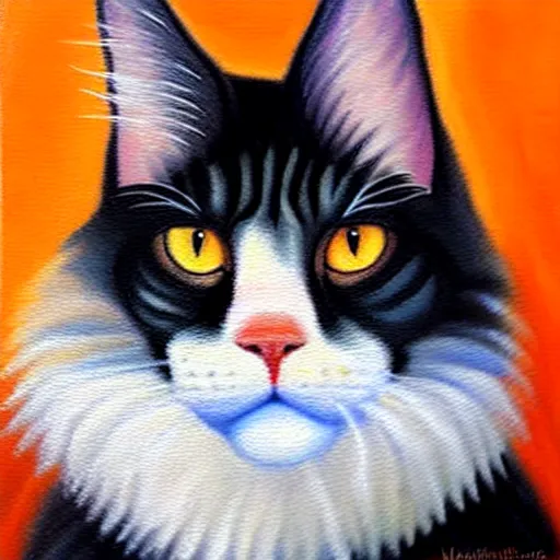 Image similar to beautiful oil painting of an orange mainecoon with a white beard. wearing a white wide brimmed sombrero