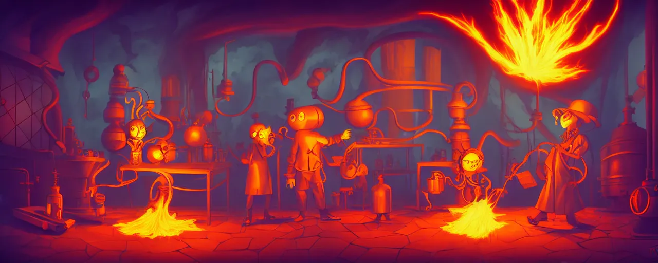 Image similar to wild alchemist mutants in a fiery alchemical lab deep in the imaginal sea, dramatic lighting, surreal fleischer cartoon characters, shallow dof, surreal painting by ronny khalil