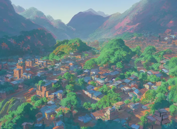Prompt: concept art painting of a small village in a valley seen from above, european japanese buildings, early morning, cel shaded, by makoto shinkai and moebius and anton fadeev and james gurney