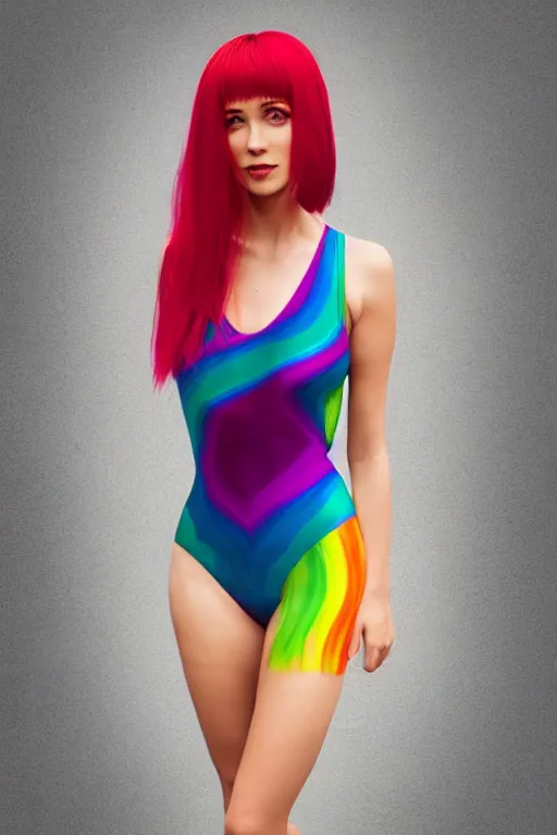 Prompt: beautiful full body portrait of a rainbow hair woman wearing a sparkling cherry color one piece swimsuit, pixie haircut wlop, artgerm, artstation, backlit, marble background