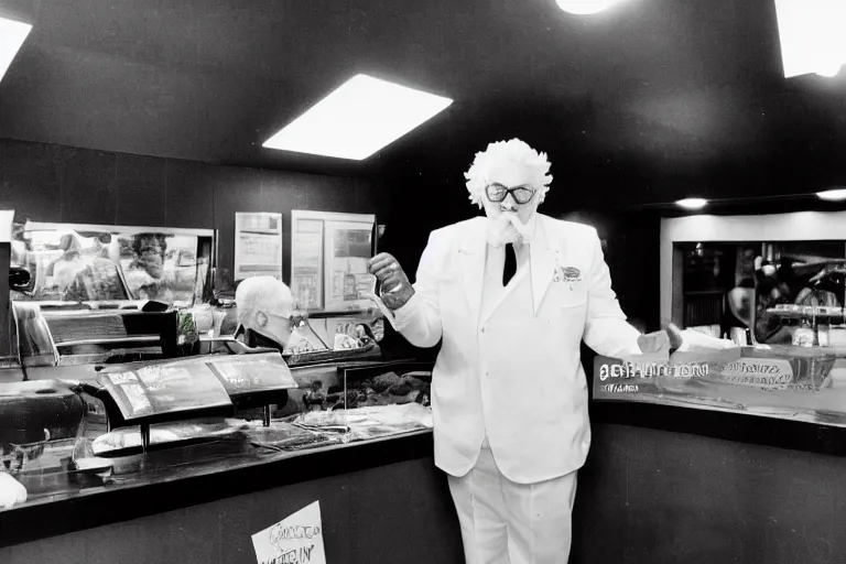 Image similar to Colonel Sanders ordering food in McDonald's cave