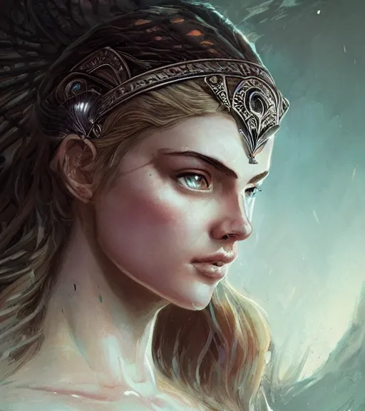 Image similar to aphrodite goddess wearing an arrow on her head, beautiful face, digital illustration, in the style of greg rutkowski, fantasy, amazing detail, epic, intricate, elegant, smooth, sharp focus