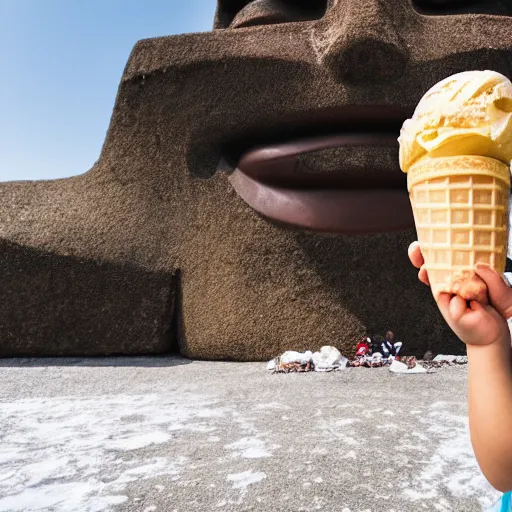 Image similar to a very upset and crying kid holding an ice cream cone with a small moai statue in the ice cream cone, 4 k photograph