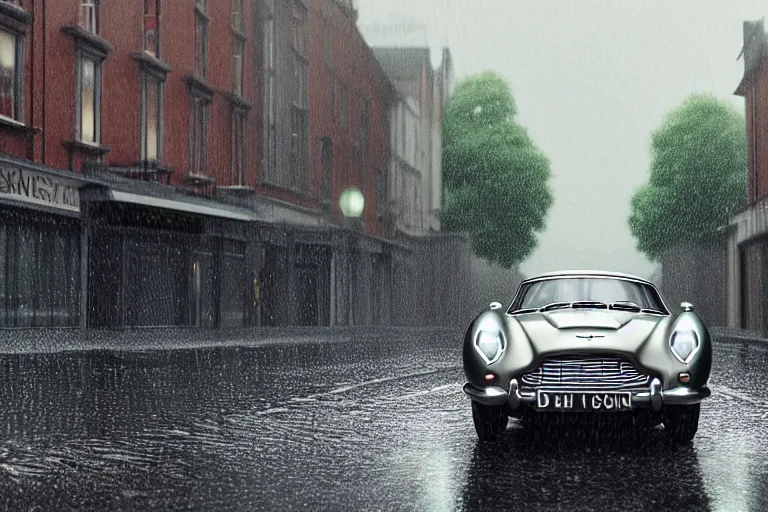 Image similar to a wholesome animation key shot of one focused aston martin db 5, dynamic, on a wet london street, raining, wide shot, studio ghibli, pixar and disney animation, sharp, very detailed, high resolution, rendered in unreal engine 5, anime key art by greg rutkowski, overcast lighting, dark