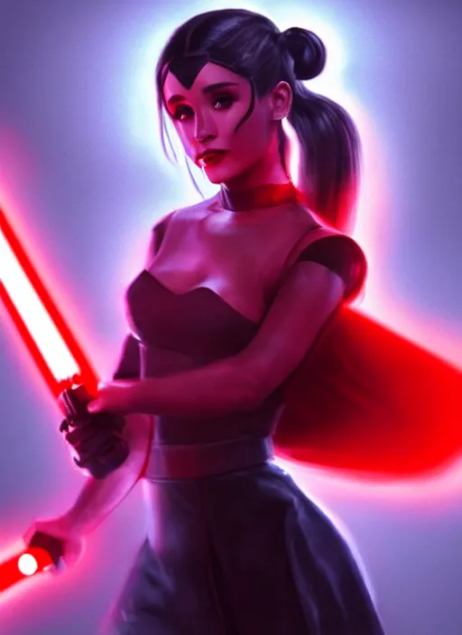 Image similar to Photo of Sith Ariana Grande with a red light saber, Star Wars concept art, trending on artstation, dramatic lighting, photo-realistic