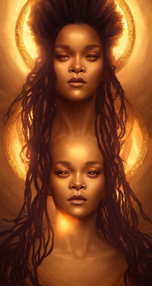 Image similar to majestic gracious regal goddess rhianna with seraphim portrait, ancient greece, elysium, atmospheric lighting, painted, intricate, volumetric lighting, beautiful, rich deep colours masterpiece, golden hour, sharp focus, ultra detailed, by leesha hannigan, ross tran, thierry doizon, kai carpenter, ignacio fernandez rios