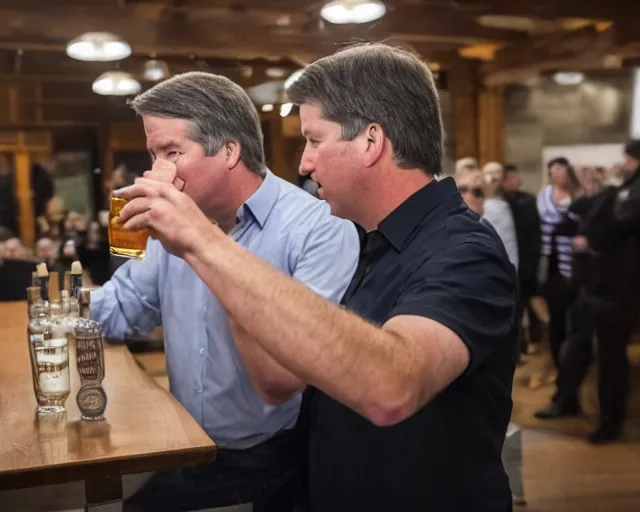 Image similar to photo of brett kavanaugh staring longingly at beer, 5 0 mm f / 2. 8, dramatic, color photo, emotional