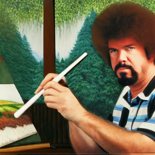 Image similar to a closeup photorealistic photograph of bob ross working on an image of kenny powers autographing a baseball on a canvas. mountains and trees. film still. brightly lit scene. this 4 k hd image is trending on artstation, featured on behance, well - rendered, extra crisp, features intricate detail, epic composition and the style of unreal engine.