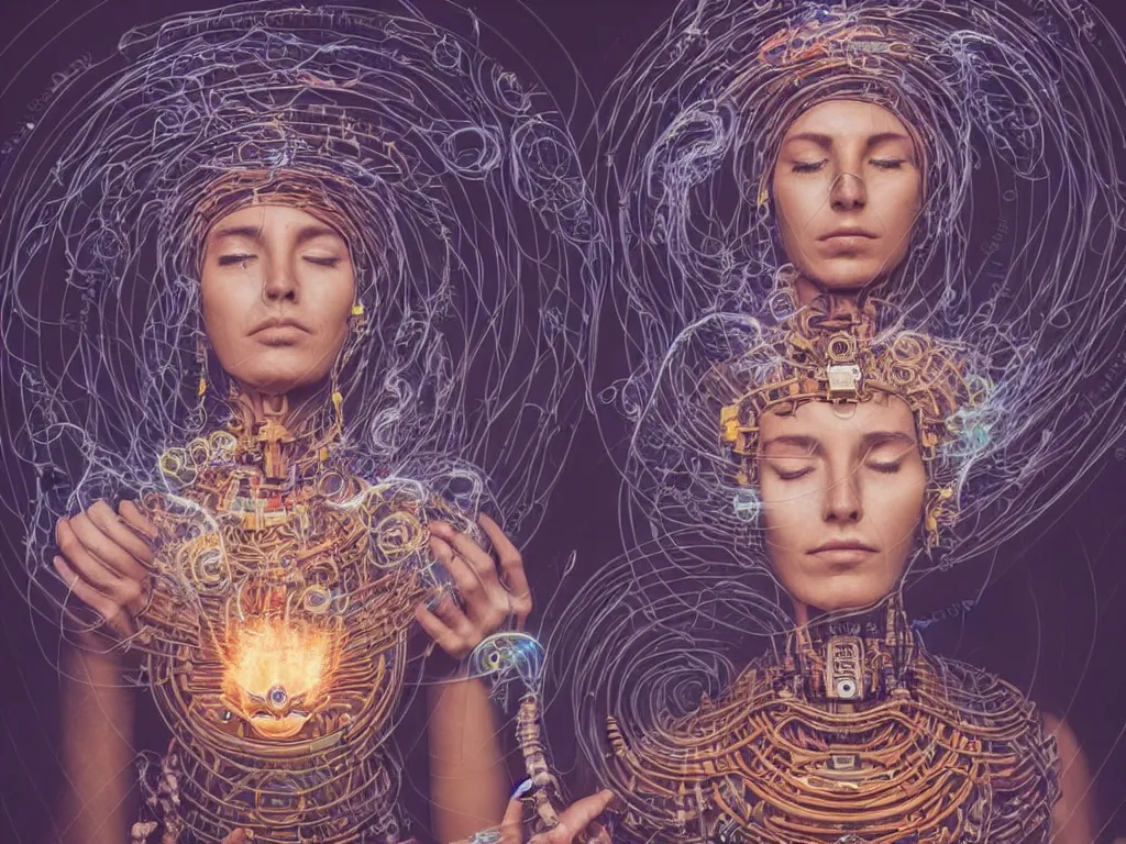 Image similar to an ancient mystical alluring female shaman meditating in a cybernetic robot temple generating flowing spiral energy and surrounded by wisps of incense smoke, face face face