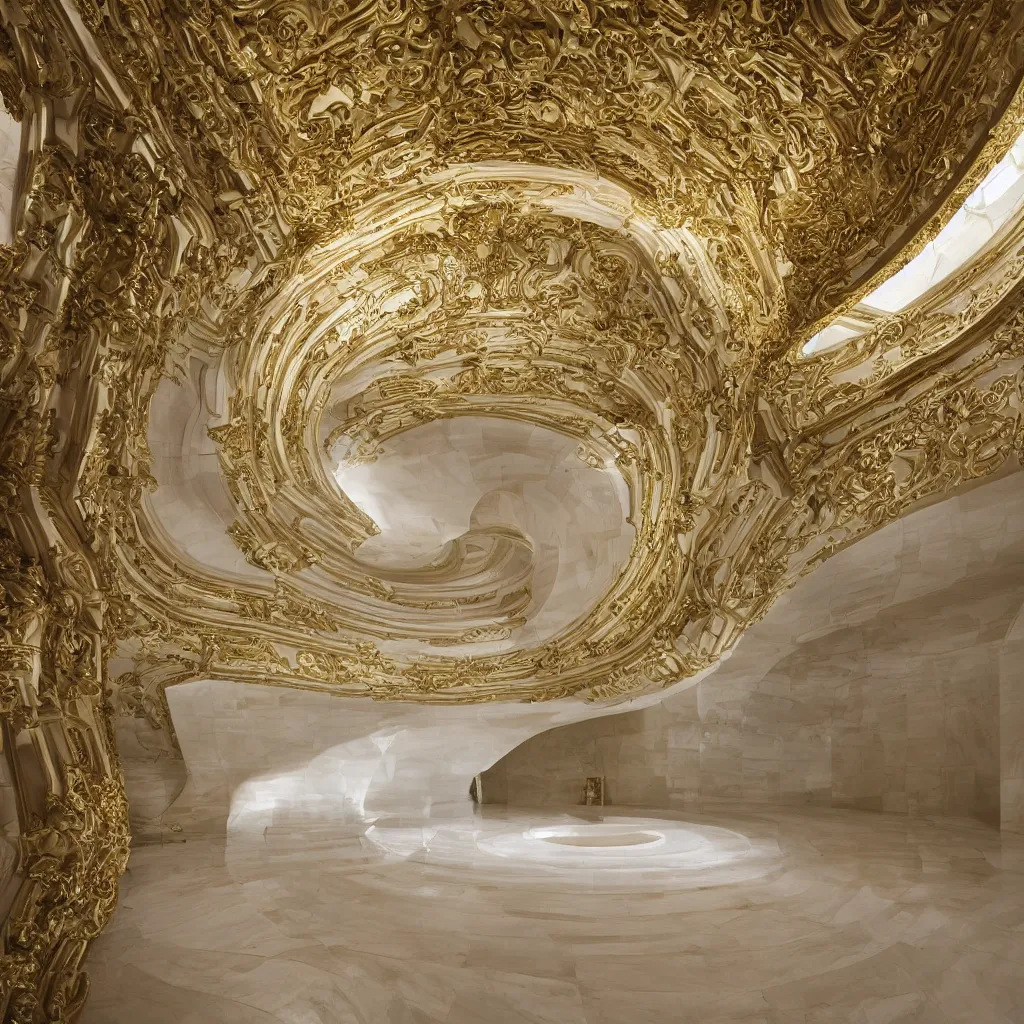 Image similar to an incredibly smooth curvilinear modern baroque interior architectural sculpture, a golden pool on the ground is envelope by folding white surfaces, visually satisfying architecture render, aesthetically pleasing