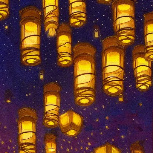 Prompt: beautiful lit lanterns floating in the beautiful night sky, john singer sargent art style, 4 k, modern