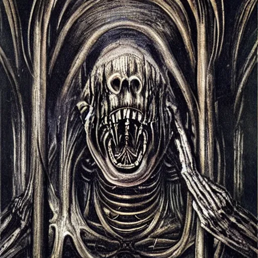 Prompt: the monster that lurks in the depths, hr giger, sinister