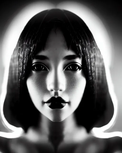 Image similar to black and white dreamy young beautiful female artificial intelligence, metropolis, cinematic, rim light, bokeh, photo - realistic, elegant, high detail, 8 k, masterpiece, photo taken in 1 9 3 0