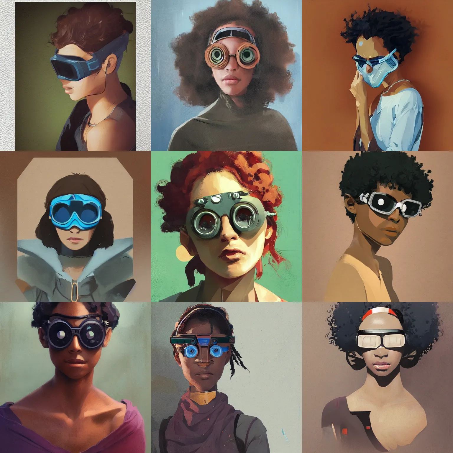 Prompt: Beautiful woman wearing goggles profile picture by Greg Rutkowski, brown skin, afro hair, asymmetrical, studio ghibli, Organic Painting , Matte Painting, geometric shapes, hard edges, street art, trending on the artstation, realistic by Sachin Teng,