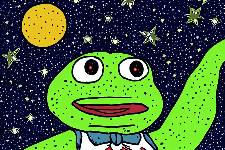 Image similar to night starry sky full of pepe the frog, by lous wain and and fernand toussaint