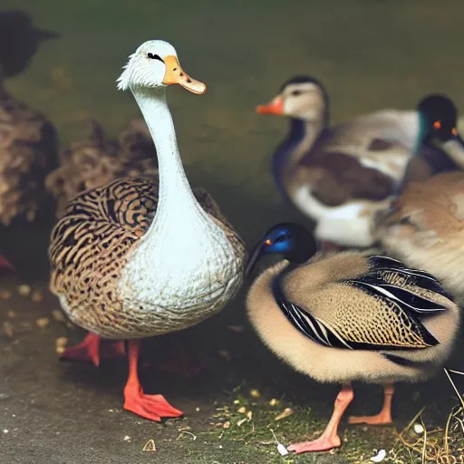 Prompt: a crossbreed of a turkey and a duck, with chicks, photo