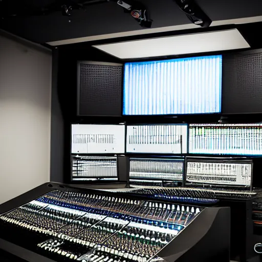 Prompt: Sharp photo of a mixing and mastering engineering studio. Expensive Genelec mastering loudspeakers, a large mixing desk. Emmy Award-winning mixing engineer studio. Cinematic dark lighting, dusty Atmosphere, award-winning photography, 35 mm f/2.8 photography. Sharp, 4k, anamorphic lens. Very, very detailed