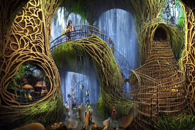 Prompt: favela fungus cathedral coaster hive, art nouveau waterfall environment, industrial factory, terrifying, award winning art, epic dreamlike fantasy landscape, ultra realistic,