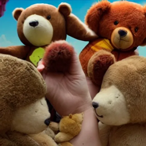 Prompt: a group of baby stuffed animals are kidnapped from their families by the stupid bears ( an evil gang of stuffed teddy bears, of all things! ), and it is up to the fur fighters to save the young ones.