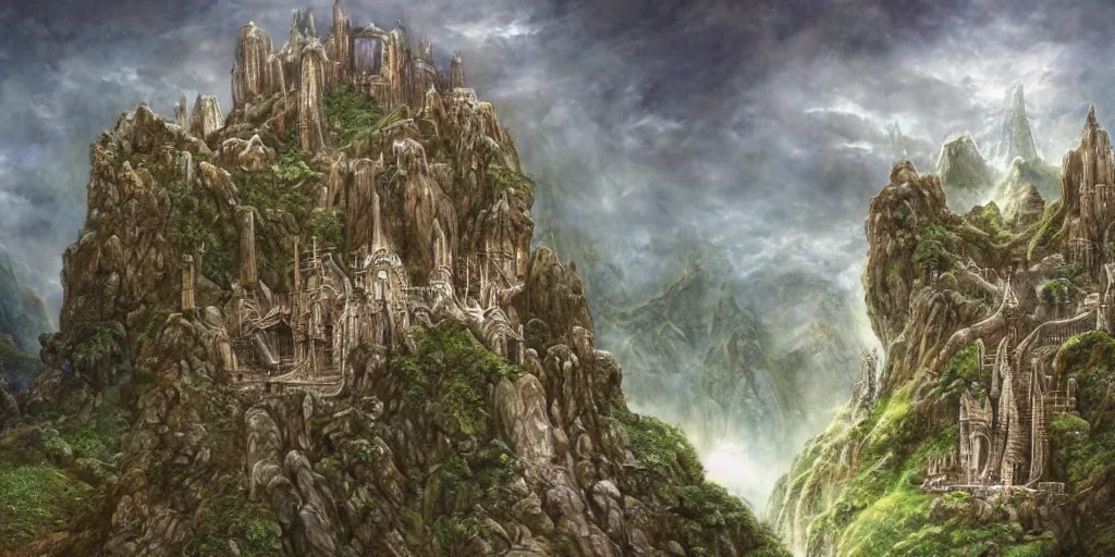 Prompt: an elven city built into the side of a cliff, pristine, by alan lee, lord of the rings, smooth, detailed terrain, oil painting, extremely detailed matte painting, trending on artstation